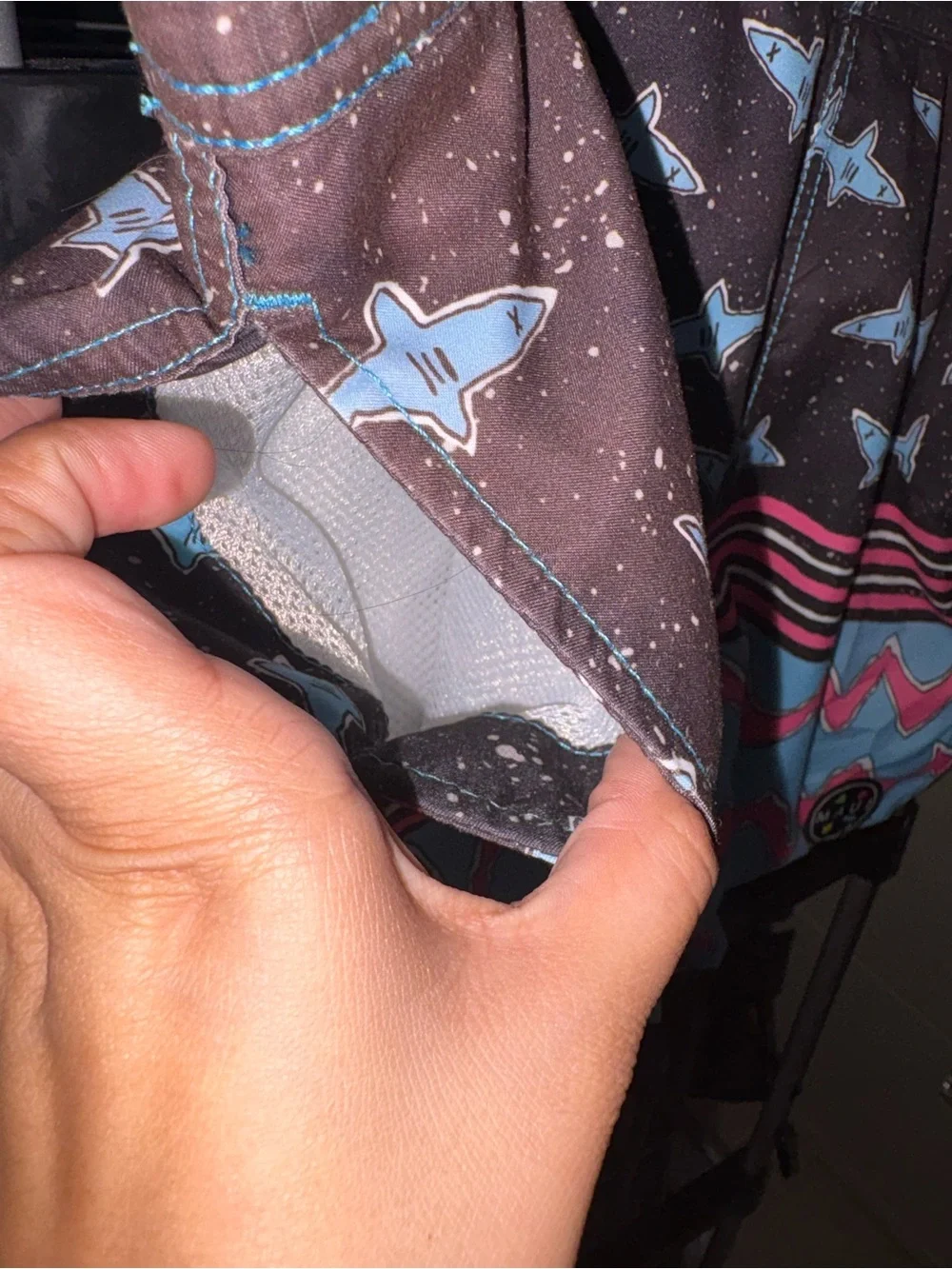 MAUI Athletics Men's Black, Light Blue & Pink Shark Print Swim Trunks